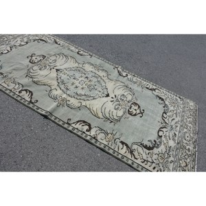 Tapis en Laine Patchwork Vintage 4.3X9.2 pieds Vert Beige Turc Tissage Plat Tapis de Salon avec Support en Latex - Product Image 2