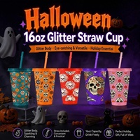 Gobelet en plastique à paillettes de 16 oz avec couvercle et paille, motif Crâne de sucre, Halloween, logo personnalisé, réutilisable, vente en gros d'usine OEM
