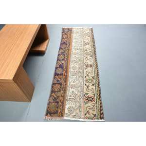 Alfombra clásica de lana de retazos Beige y negro de 2,1x6,2 pies, alfombras rectangulares turcas hechas a mano para adolescentes, modelo de sala de estar, alfombra de noche de látex - Product Image 1