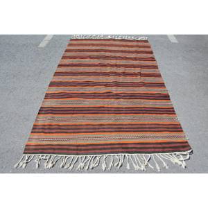 Alfombra de lana turca Vintage 5x8 'naranja negro clásico área grande patrón rectangular estilo tradicional diseño de retazos con respaldo de látex - Product Image 1