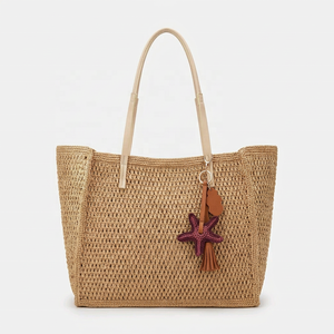 Bohemian Crochet <b>Raffia</b> <b>Tote</b> Bag with Cotton Lining Tassel Solid Color Red Leather Handles Open Top Summer Beach Women's Handbag - Product Image 2