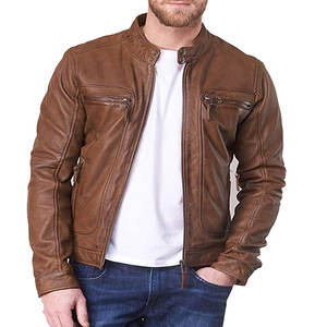 Chaqueta de cuero de motorista Premium marrón Chaqueta de bombardero de cuero de motocicleta con cinturón asimétrico marrón clásico Chaqueta real para hombres - Product Image 1
