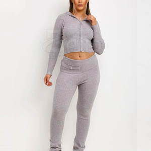 Conjunto Deportivo de Invierno para Mujer, 100% Algodón, con Capucha, Estilo Casual, Color Sólido, Top Corto y Pantalones Acampanados - Product Image 4