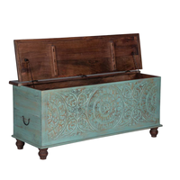 Table basse de salon en bois massif rustique, finition bleu verdâtre antique, bois de mangue sculpté à la main avec coffre de rangement