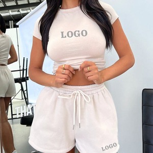 Mujeres 2 piezas Casual Deportivo Carta Imprimir Mini Manga Crop Tops + Shorts Stretch Streetwear Traje a juego - Product Image 2