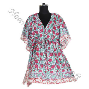 100% algodón Mujer ropa de dormir bloque de mano estampado Kaftan vestido KFCS068 peso ligero mujeres Casual ocasión desgaste corto caftán vestido - Product Image 5