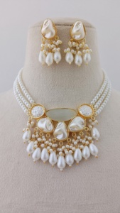 Rajnigandha <b>Pearl</b> Elegance <b>Necklace</b> <b>Set</b> with Textured Gold Discs and <b>Pearl</b> Tassels Customizable Bulk Wedding Product Design - Product Image 6