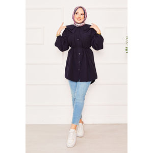 Navy Blue Modest Chiffon <b>Top</b> Double-Collared Drawstring Waist Long Printed Lace Embroidery Button <b>Sequined</b> <b>Plus</b> <b>Size</b> Option - Product Image 1