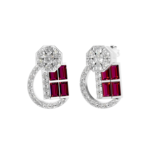 Exquis 950 Platine Fine Boucles D'oreilles Rubis Synthétique et Blanc VVS Moissanite Scintillant Halo pour Luxe Élégant Look De Fête - Product Image 2