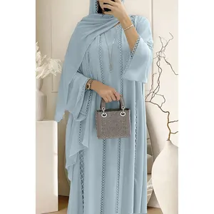 Ensemble assorti Abaya en tissu mousseline respirant à manches longues, cardigan et robe longue unie, pour toutes les saisons - Product Image 4