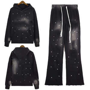 Chándal lavado con ácido pesado para adultos Ropa de invierno con detalle de diamantes de imitación transpirable Conjunto de estilo de patrón sólido de talla grande - Product Image 1