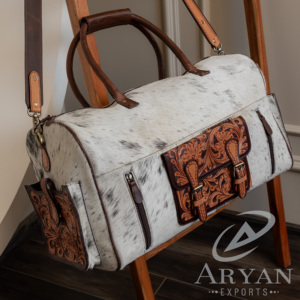 Bolsa de lona grande de cuero de vaca mecanizada a mano y con pelo, bolsa de equipaje de noche de cuero genuino, bolsas de viaje de fin de semana para Unisex - Product Image 4