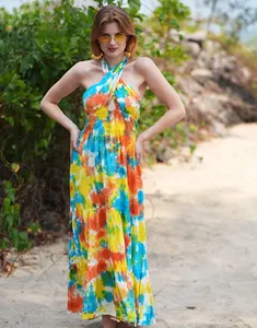 Fait à la main indien Tie Dye femmes longue rayonne été automne Vintage multicolore dos nu licou cou luxe léger 1 - Product Image 1