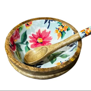 Cuenco de flor tropical Madera de mango Cuencos de ensalada de madera decorativos hechos a mano con utensilios para servir Accesorio de comedor de madera - Product Image 1