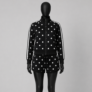 Women 2 Piece Hooded 100% Cotton Anti-Pilling Autumn Tracksuit Set Custom Logo Dot Design <b>Zip</b> Jacket <b>Shorts</b> Sportswear OEM ODM - Product Image 1
