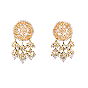 Pendientes Largos con Cristales y Cuentas de Estrás, Baño de Oro, Diseño Geométrico Étnico, Base de Aleación de Zinc Resistente - Product Image 1