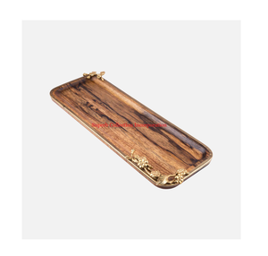 Home Kitchen Countertop Decorative <b>Tray</b> Elegant Wooden Serving <b>Tray</b> With Metal Leaf Design Handle <b>Tea</b> And Coffee Serving <b>Tray</b> - Product Image 1
