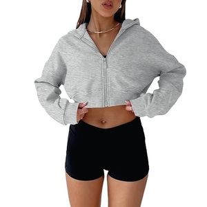 Sudadera Corta con Capucha para Mujer, Color Gris Sólido, Manga Larga, Tejido de Mezcla de Algodón, Diseño con Cierre para Otoño - Product Image 1