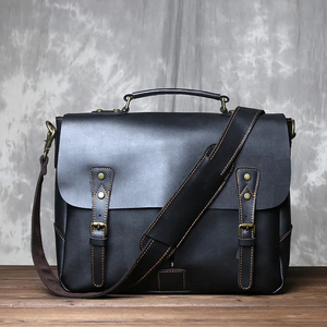 Classic Cowhide Leather Laptop Messenger Protective Korean Shoulder <b>Bag</b> Durable Office Use Black Zipper Closure - Product Image 3