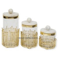 <strong>Hammered</strong> Gold Plated Metal Border Clear Glass Canisters With Marble Lids Gold Color Stand Kitchen Decor Luxury Canisters