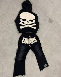 Baggy jogging personnalisé pour hommes Dtg impression passepoil survêtement Y2K rue rétro lettre impression à capuche pantalon de survêtement ensemble deux pièces - Product Image 3