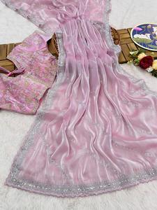 Hermoso Sari de seda suave con lentejuelas de trabajo y borde, blusa cosida, Sari de función de boda de diseñador, Sari de fiesta. - Product Image 2