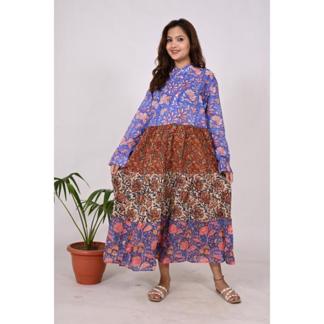 Handcrafted Bohemian 100% Cotton Maxi Dress Floral Patchwork Long Sleeve Natural Waistline Eco-Friendly Washable Breathable All