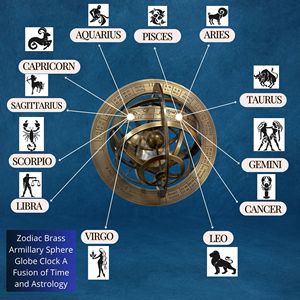 Zodiac Armillary Sphere Globe Clock Handcrafted Brass with Celestial Engravings & Wooden Base | Educational Decor - Product Image 6