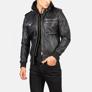 Veste en cuir pleine fleur noire, style décontracté, toile imperméable, respirante, coupe-vent avec poignets en tricot côtelé - Product Image 5