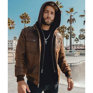 Veste de motard vintage à coupe réglable pour hommes en cuir marron capuche amovible fermeture à glissière poches toile moto fonctionnelle - Product Image 4