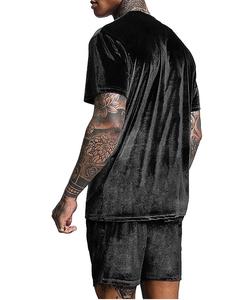 Ensemble court en velours noir avec logo personnalisé, survêtement d'été, jogging respirant en coton, vêtements de sport de plein air, t-shirt en velours, shorts - Product Image 4