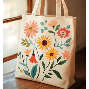Bolsa de Mano de Algodón Pintada a Mano con Diseño Botánico Pastel, con Arte Floral Dibujado a Mano, Bolsa de Lona Reutilizable Ecológica Blanca - Product Image 1