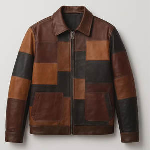 Veste en cuir patchwork de style motard pour homme avec panneaux structurés et détails zippés Veste en cuir patchwork moderne pour homme - Product Image 1