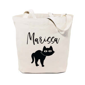 Personalized Black Cat Cotton Canvas Tote Bag with Open Closure Solid Color Pattern - Product Image 1