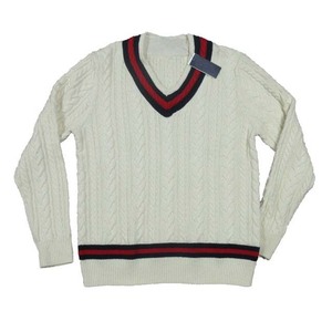 Men's Multi Cable Knit V-Neck Cricket Pullover Sweater Wholesale Price Breathable Wool Winter Wear Striped <b>Cardigan</b> Sweaters - Product Image 6