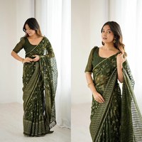 Ensemble Salwar en Soie Georgette Semi-Couture Prêt pour la Fête, avec Pièce de Blouse Détachable, Broderie Lourde, Plis Pré-Cousus, Facile à Porter