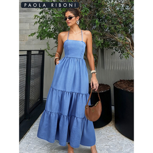 Vestido Largo Formal de Mezclilla para Mujer Paola Riboni, Corte en A, Sin Mangas, Color Azul Claro, con Bolsillos y Volantes - Product Image 1