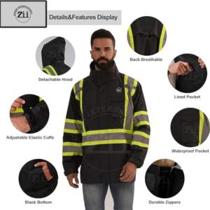 <b>Men's</b> 300D Oxford Waterproof Hooded Winter Jacket Hi Vis <b>Orange</b> Bomber Reflective Safety Features Work Reflective Coats ANSI - Product Image 3