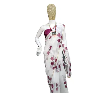 Algodão macio floral impresso saree a baixo preço de oferta e Longa Tecelagem Pallu Com Mangas Compridas Blusa peça