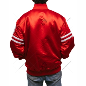 Chaqueta bomber de satén rojo para hombre, rayas blancas paralelas personalizadas en las mangas, ropa de calle, chaqueta universitaria, puño de punto acanalado - Product Image 2