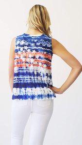 Camiseta sin mangas con estampado Tie Dye para mujer, cuello redondo, informal, holgada, transpirable, de punto, con patrón azul, blanco y rojo - Product Image 4