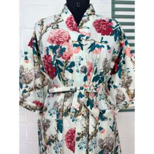 Floral Boho Handprinted Cotton Kimono <b>Robe</b> <b>Beach</b> Cover-Up Swimsuit - Product Image 2