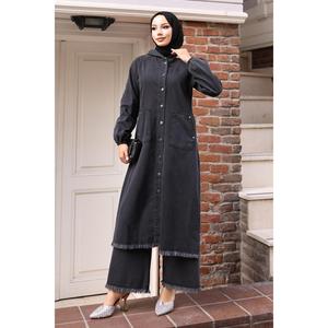 Ensemble en denim bleu foncé 19243 avec détails à pompons pour femmes, haut décontracté et pantalon mi-long, tailles XS à XXL, pour toutes les saisons - Product Image 3