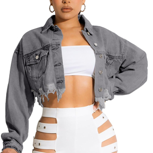 Chaqueta de mezclilla teñida lisa de otoño para mujer Chaqueta de mezclilla de precio de fábrica al por mayor personalizada Chaqueta de mezclilla de punto de otoño estándar para mujer - Product Image 2