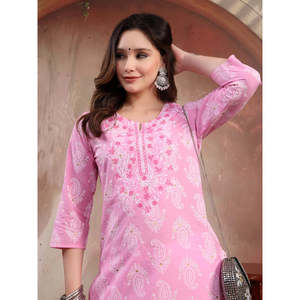 Kurta Rosa de Algodón Bordado para Mujer, Transpirable, Largo hasta la Rodilla, Estilo Ejecutivo, Diseño Personalizado, Vestido Moderno para el Día - Product Image 5