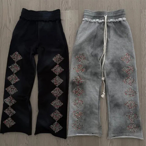 Conjunto de pantalones de chándal y Sudadera con capucha acampanados con diamantes de imitación OEM Fabricante personalizado Pantalones apilados holgados de cintura doble Sudadera con cremallera - Product Image 2