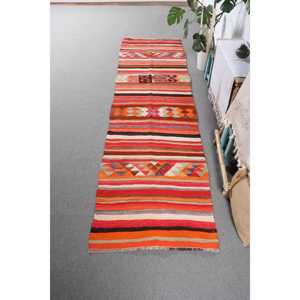2.9x10.2 ft Turkish Rug, Vintage <b>Runner</b> Rug, <b>Red</b> Orange Animal Print Wool Rug - Product Image 1