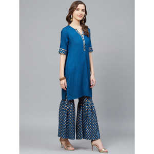 Ensemble Kurta & Sharara droit imprimé bleu rayonne pour femme avec accents dorés - Product Image 4
