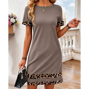 Vestido Corto Modal para Mujer, Cuello Redondo, Manga Corta, Detalle de Rayas de Leopardo, 35125 - Café con Leche - Product Image 1