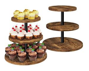 Support à cupcakes rustique à 3 niveaux en bois avec des tiges métalliques robustes Plateau de présentation de desserts durable pour les fêtes, les mariages et la décoration de la cuisine - Product Image 1